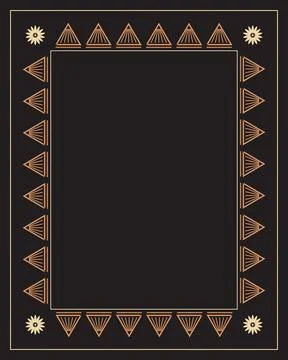 An expansive black panel is surrounded by copper triangular fan motifs and .. Illustrazione stock