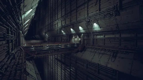 Expansive cavernous structure with structural beams and service pathways Stock Footage 330244544