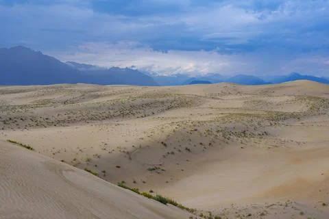 Expansive desert dunes under a dramatic sky with distant mountains Stock Photos