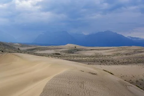 Expansive desert dunes under a dramatic sky with distant mountains Stock Photos