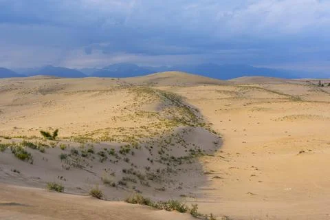 Expansive desert dunes under a dramatic sky with distant mountains Stock Photos
