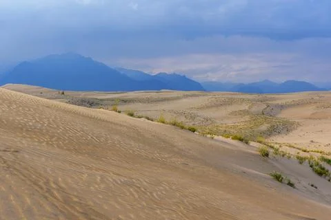 Expansive desert dunes under a dramatic sky with distant mountains Stock Photos