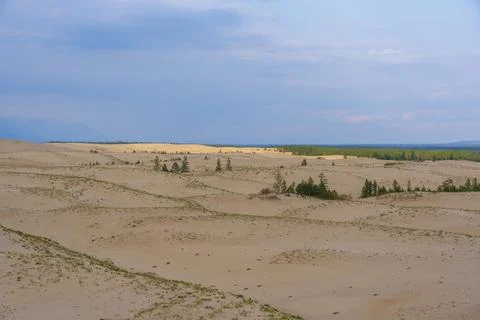 Expansive desert dunes under a dramatic sky with distant mountains Stock-Fotos