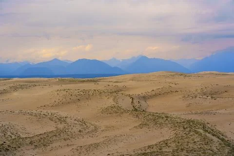 Expansive desert dunes under a dramatic sky with distant mountains Stock Photos