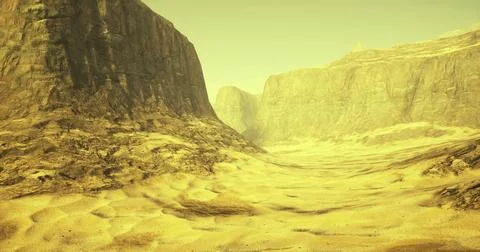 Expansive desert landscape with rugged cliffs and dry terrain during daylight Stock Illustration