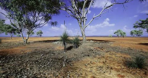 Expansive desert landscape with sparse vegetation under a clear blue sky Illustrazione stock