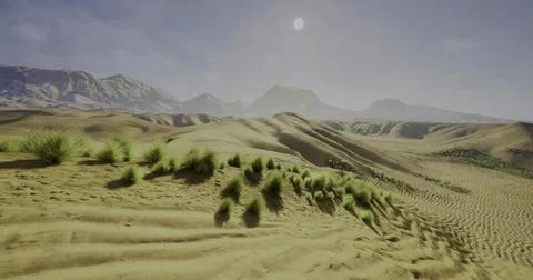 Expansive desert landscape under bright sun with distant mountains and greene Stock Illustration