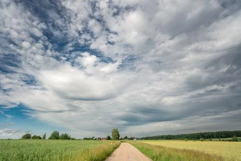 Expansive dramatic clouds stretch across the sky above a rural dirt road Фото