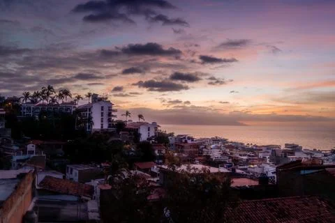 Expansive dramatic sunset over cityscape of Puerto Vallarta Jalisco Mexico .. Stock Photos