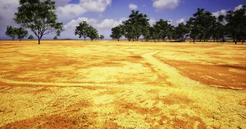 Expansive dry landscape with sparse trees under a bright blue sky Illustrazione stock