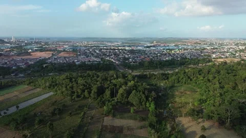 Expansive elevated panorama revealing lush cultivated lands adjacent to a b.. Video stock 339038379