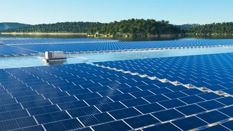 Expansive Floating Solar Farm on Tranquil Water Video stock 288981138