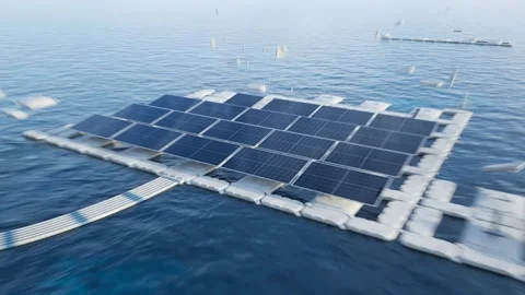 Expansive Floating Solar Power Farm on Calm Ocean Waters Stock Footage 288981573