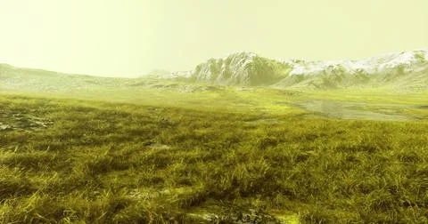 Expansive green landscape with distant mountains under a bright yellow sky Stock Illustration