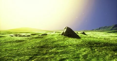 Expansive green landscape under bright sunlight with distant mountains Stock Illustration