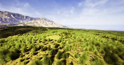 Expansive green landscape under a clear blue sky in a mountainous region Illustrazione stock