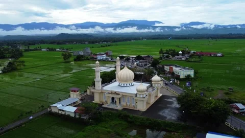 Expansive Green Rice Fields, Mosque, and Foggy Mountains – Blang Malu Video stock 311786325