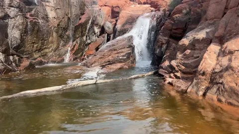 Expansive Gunlock Red Rock Waterfall &amp; Pool - Wide Shot in Southern Utah Stock Footage 267136499
