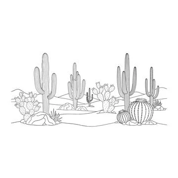 Expansive hand-drawn desert cactus landscape outline sketch panorama Stock Illustration