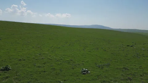 An expansive landscape of green plains stretching toward a distant blue horizon. Stock Footage 334532730