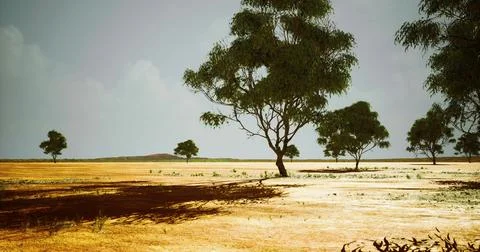 Expansive landscape with sparse trees and dry terrain under a clear sky Stock Illustration