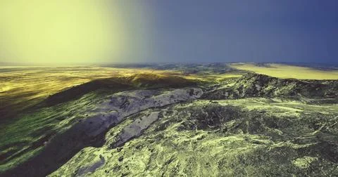 Expansive landscape view at sunset with vibrant colors across the terrain Stock Illustration
