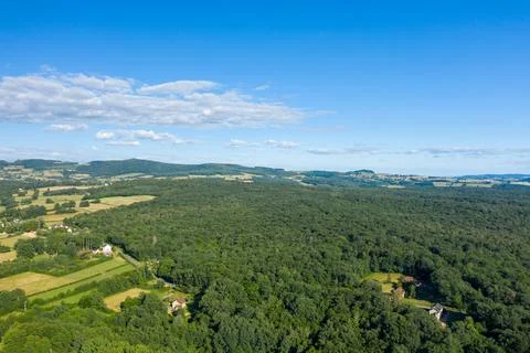 Expansive Morvan woodland and patchwork fields aerial 스톡 사진