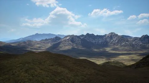 Expansive mountain landscape under a bright blue sky during midday 스톡 일러스트