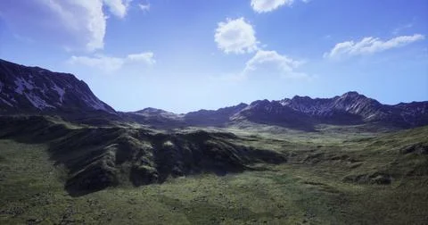 Expansive mountain landscape under clear blue sky during daylight Stock Illustration