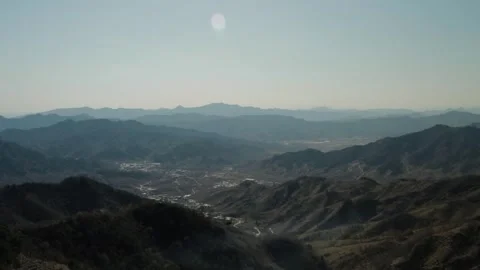 Expansive Mountain Landscape View from Great Wall Mutianyu Section near Beijing Stock Footage 345828057