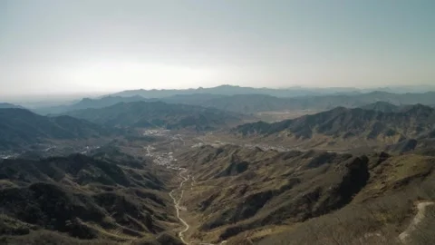 Expansive Mountain Landscape with Winding Roads Near Great Wall, Mutianyu Stock Footage 345827970