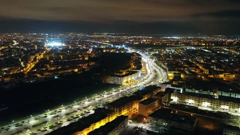 Expansive Night Aerial View of Illuminated Curved Boulevard and Modern Fez Stock Footage 345267007