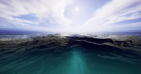 Expansive ocean view with dramatic clouds and bright sunlight on horizon Stock Illustration