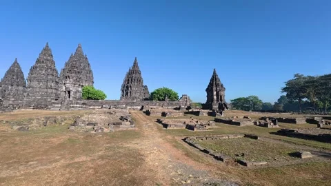 Expansive Prambanan Temple complex features ancient towers, stone foundatio.. Stock Footage 341542496