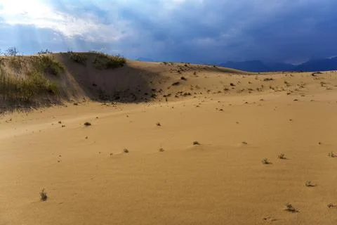 Expansive sand dunes with sparse vegetation under a cloudy sky Stock Photos