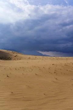 Expansive sand dunes under a dramatic cloudy sky Stock Photos