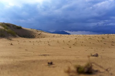 Expansive sand dunes under a dramatic cloudy sky Stock Photos