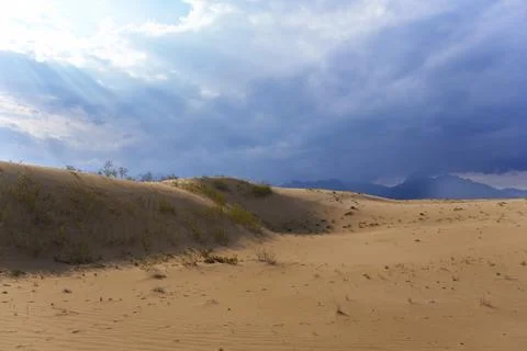 Expansive sand dunes under a dramatic cloudy sky Stock Photos