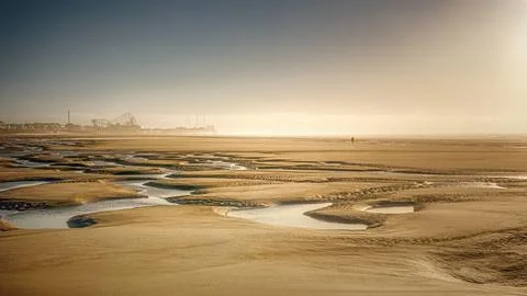 Expansive sandy beach with tidal pools and distant amusement park at sunrise Stock Photos