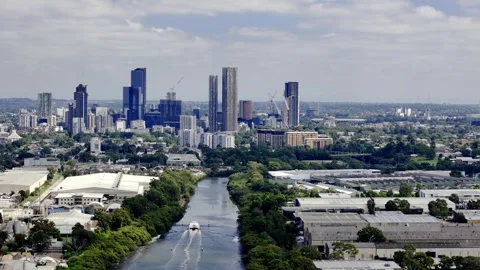 An expansive shot of Parramatta, Sydney, featuring a prominent river winding Video stock 306680147