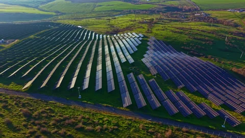 Expansive solar panel array harnesses sunlight in a vibrant green landscape Stock Footage 331946549