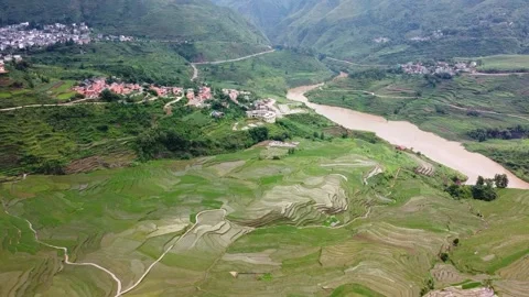 Expansive Terraced Fields Scenic Patterns In Mountain Countryside Aerial Footage Stock Footage 320523345