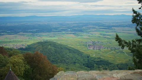 Expansive valley view for the top of an old castle with stone ledge Video stock 311887819