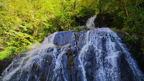 An expansive view of cascading waterfalls enveloped by verdant forests and Stock Photos