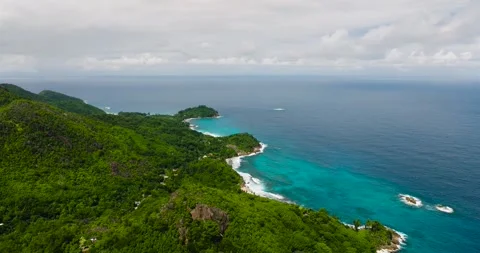 Expansive view of coastline and blue ocean waters. Seychelles, Mahe. Stock Footage 311682025
