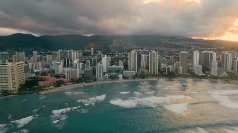 Expansive View Of Luminous Evening Sky Above Harbor With Highrise Structures Stock Footage 323562773