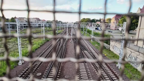An expansive view of multiple railway tracks with complex switches and over.. Stock Footage 322908736