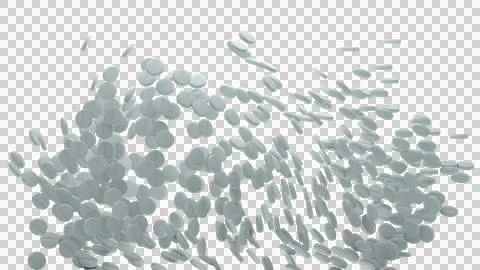 Expansive wave of scattered white tablets falling in varied directions on t.. Stock Photos