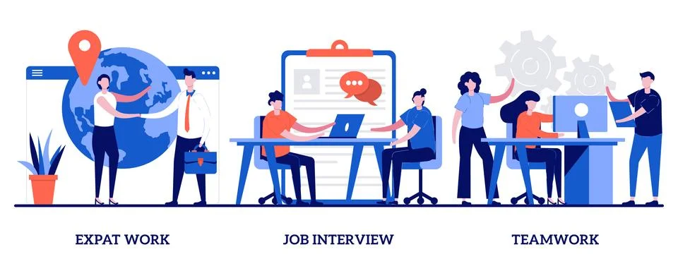 Expat work, job interview, teamwork concept with tiny people. Employment st.. Stock Illustration