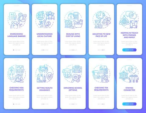 Expats blue gradient onboarding mobile app page screen set 스톡 일러스트
